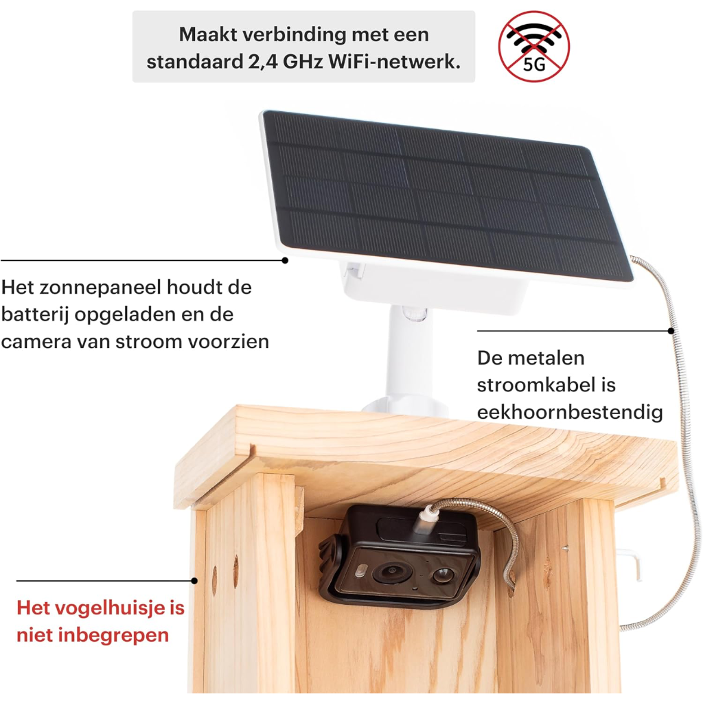 Vogelhuis Camera met Zonnepaneel – 2K WiFi Nestkastcamera